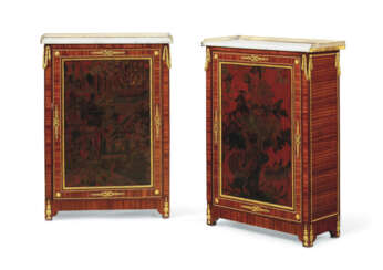 A PAIR OF LOUIS XVI ORMOLU-MOUNTED RED AND POLYCRHOME-JAPANNED AND CHINESE LACQUER, BOIS SATINE AND AMARANTH MEUBLES D'APPUI
