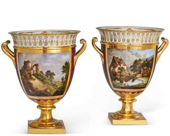 A PAIR OF SEVRES PORCELAIN TOPOGRAPHICAL PURPLE AND GOLD GROUND ICE PAILS, COVERS AND LINERS (GLACIERE VASE B) - photo 1