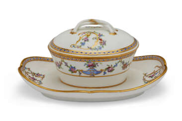 A SEVRES PORCELAIN SUGAR-BOWL AND COVER ON FIXED STAND FROM THE SERVICE FOR MADAME DU BARRY