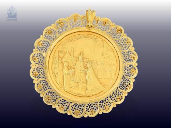 Anhänger: interessanter, vintage Medaillen-Anhänger aus 900er Gold, feine Handarbeit "Kaiser Mohammed Reza Pahlevi", 60er Jahre - фото 1