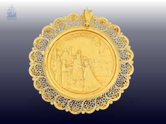 Anhänger: interessanter, vintage Medaillen-Anhänger aus 900er Gold, feine Handarbeit "Kaiser Mohammed Reza Pahlevi", 60er Jahre