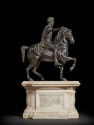 A BRONZE AND WHITE MARBLE GROUP OF MARCUS AURELIUS ON HORSEBACK