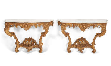 A MATCHED PAIR OF LOUIS XV GILTWOOD CONSOLE TABLES