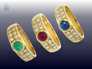 Ring: Konvolut/3er-Set vintage Farbstein/Brillant-Damenringe,18K Gold