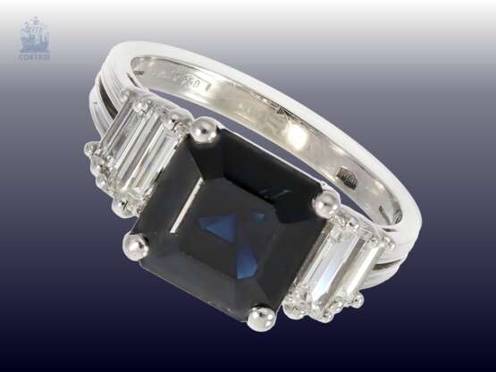 Ring: attraktiver vintage Saphir/Diamantring mit wertvollem, unbehandelten Ceylon-Saphir von ca. 4ct sowie feinen Baguette-Diamanten - Foto 1