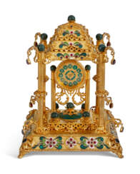 A CONTINENTAL GEM AND HARDSTONE-MOUNTED SILVER-GILT AND ENAMEL MUSICAL MANTEL CLOCK