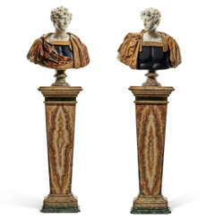 A MATCHED PAIR OF WHITE AND POLYCHROME MARBLE AND ALABSTER BUSTS OF ROMAN EMPERORS, POSSIBLY YOUNG MARCUS AURELIUS AND ANOTHER POSSIBLE ROMAN EMPEROR, ON LATER ALABASTER AND MARBLE PEDESTALS