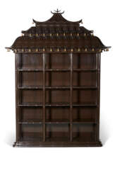 A CHINESE STYLE GOLD-PAINTED AND BROWN-LAQUERED PAGODA-FORM BOOKCASE