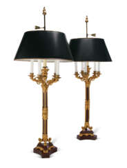 A PAIR OF LOUIS-PHILIPPE ORMOLU-MOUNTED ROUGE GRIOTTE MARBLE SIX-LIGHT CANDELABRA, MOUNTED AS LAMPS