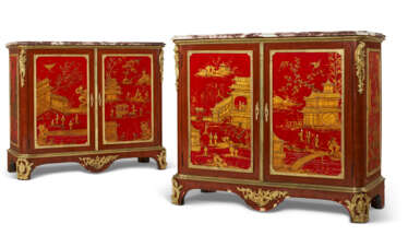 A PAIR OF FRENCH ORMOLU-MOUNTED MAHOGANY AND RED-LACQUERED SIDE CABINETS