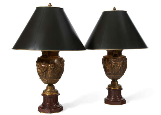 A PAIR OF FRENCH PARCEL-GILT AND PATINATED BRONZE VASES, MOUNTED AS LAMPS - photo 1