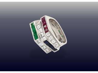 Ring: sehr wertvoller und interessant gearbeiteter vintage 3-fach Ring, Rubine, Saphire, Smaragde und Diamanten