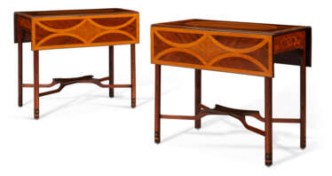 A PAIR OF GEORGE III SYCAMORE, BURR ELM, GONCALO ALVES AND MAHOGANY PEMBROKE TABLES