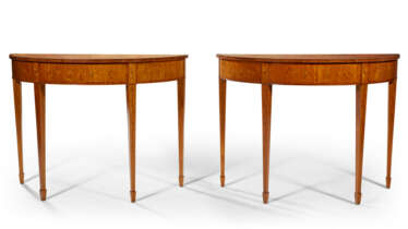 A PAIR OF GEORGE III STYLE TULIPWOOD-BANDED, SATINWOOD, AND MARQUETRY DEMI-LUNE SIDE TABLES