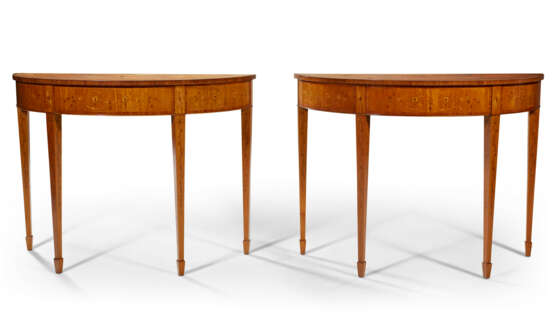 A PAIR OF GEORGE III STYLE TULIPWOOD-BANDED, SATINWOOD, AND MARQUETRY DEMI-LUNE SIDE TABLES - фото 1