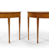 A PAIR OF GEORGE III STYLE TULIPWOOD-BANDED, SATINWOOD, AND MARQUETRY DEMI-LUNE SIDE TABLES - фото 3