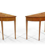 A PAIR OF GEORGE III STYLE TULIPWOOD-BANDED, SATINWOOD, AND MARQUETRY DEMI-LUNE SIDE TABLES - photo 4