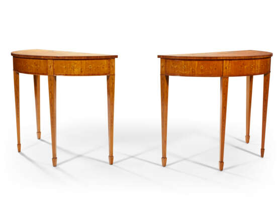 A PAIR OF GEORGE III STYLE TULIPWOOD-BANDED, SATINWOOD, AND MARQUETRY DEMI-LUNE SIDE TABLES - photo 8