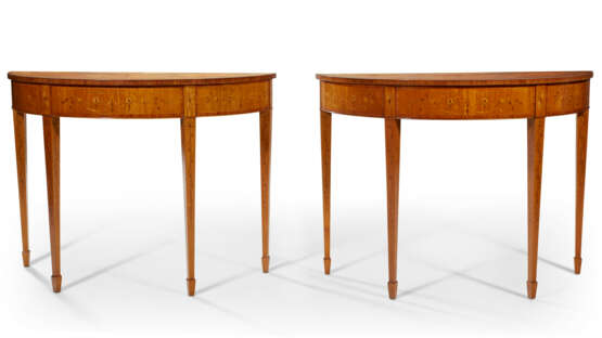 A PAIR OF GEORGE III STYLE TULIPWOOD-BANDED, SATINWOOD, AND MARQUETRY DEMI-LUNE SIDE TABLES - photo 12
