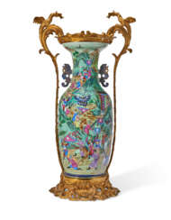 A FRENCH ORMOLU-MOUNTED CHINESE EXPORT CANTON FAMILLE ROSE CELADON PORCELAIN VASE