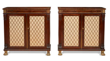 A PAIR OF LATE REGENCY BRASS-INLAID AND GILT-BRASS-MOUNTED MAHOGANY SIDE CABINETS