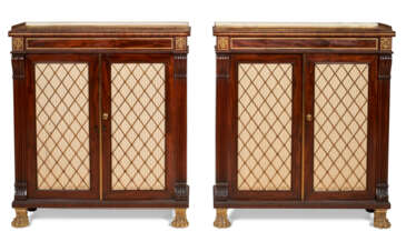 A PAIR OF LATE REGENCY BRASS-INLAID AND GILT-BRASS-MOUNTED MAHOGANY SIDE CABINETS