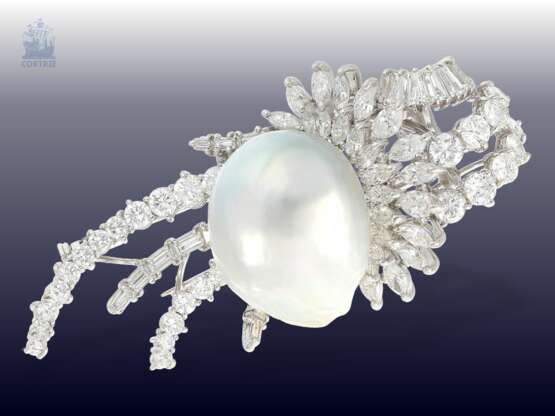 Brosche: exklusive und außergewöhnliche vintage Goldschmiedearbeit mit riesiger Perle und feinstem Diamantbesatz, ca. 5,5ct, sehr teures Unikat - photo 1