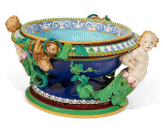 A MASSIVE MINTON MAJOLICA COBALT-BLUE AND TURQUOISE-GROUND CISTERN AND LINER
