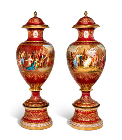 A LARGE PAIR OF ORMOLU-MOUNTED VIENNA STYLE PORCELAIN CLARET-GROUND VASES, COVERS AND STANDS - photo 1