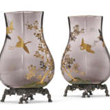 A PAIR OF FRENCH SILVERED-BRONZE MOUNTED POLYCHROME AND PARCEL-GILT DECORATED CRYSTAL VASES - photo 1