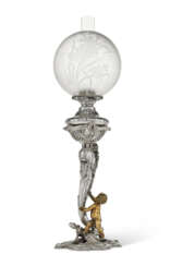 A VICTORIAN SILVERED AND GILT BRONZE FIGURAL OIL LAMP