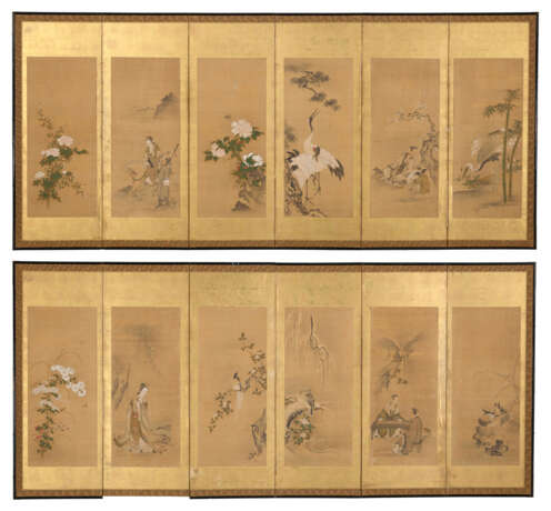 TWO JAPANESE POLYCHROME-PAINTED AND SILK SIX-PANEL SCREENS - фото 1