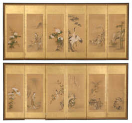 TWO JAPANESE POLYCHROME-PAINTED AND SILK SIX-PANEL SCREENS