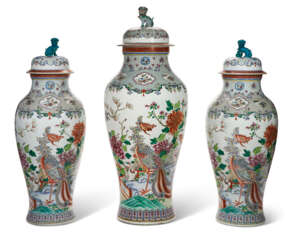 A MASSIVE SAMSON PORCELAIN GARNITURE OF THREE CHINESE EXPORT STYLE SOLDIER VASES AND COVERS