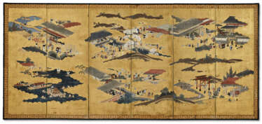 A JAPANESE POLYCHROME-PAINTED AND SILK SIX-PANEL SCREEN