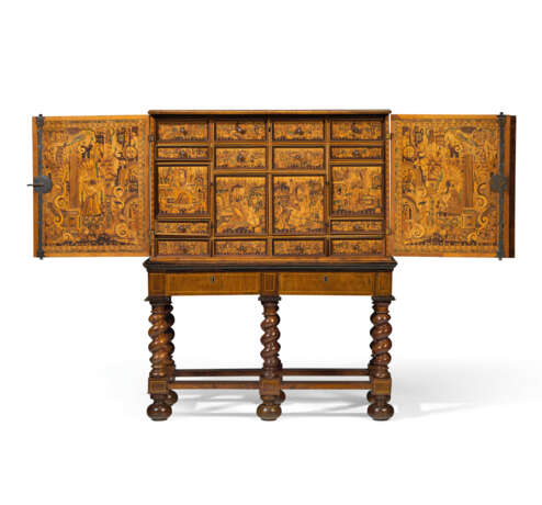 A SOUTH GERMAN WALNUT, ASH, INDIAN ROSEWOOD, FRUITWOOD AND MARQUETRY CABINET ON FLEMISH STAND - фото 1