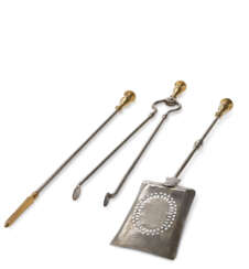 A SET OF THREE VICTORIAN POLISHED-STEEL AND BRASS FIRE TOOLS