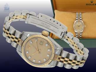 Armbanduhr: luxuriöse vintage Damenuhr von Rolex, Lady-Datejust mit Diamant-Zifferblatt, Stahl/Gold, Originalbox