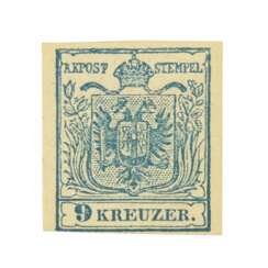 Österreich - 1850, 9 Kreuzer hellblau gefalzt,