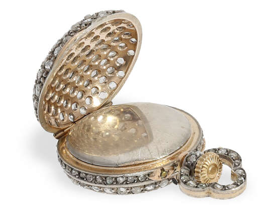Anhängeuhr: rare Miniatur-Anhängeuhr mit Diamantgehäuse, vermutlich Le Coultre, um 1900 - photo 5