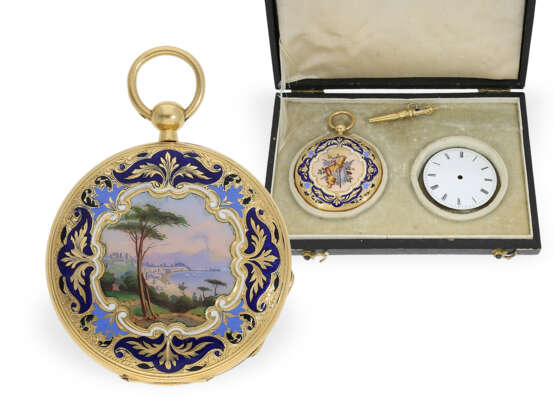 Taschenuhr: äußerst prächtige Gold/Emaille-Savonnette für den osmanischen Markt, Originalbox - Foto 1