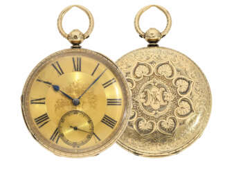 Taschenuhr: besonders schwere und prächtig gravierte englische Taschenuhr mit Goldzifferblatt, Hallmarks London 1866