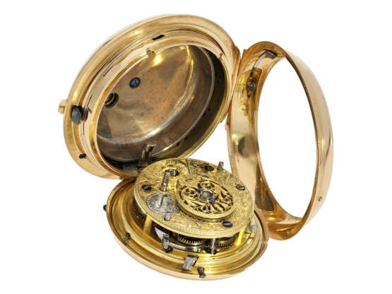 Taschenuhr: schwere goldene Doppelgehäuse-Spindeluhr mit Repetition auf Glocke, Freres Bordier a Geneve No.60999, Genf, für den englischen Markt, Hallmarks 1794 - Foto 3