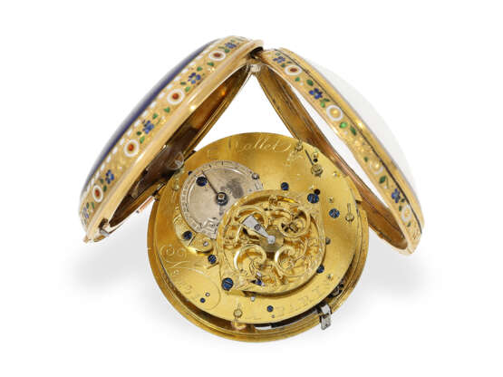 Taschenuhr: hochfeine, frühe Gold/Emaille-Zylinderuhr mit Repetition und Diamantbesatz, ca. 1780 - Foto 3