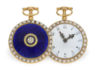 Taschenuhr: Gold/Emaille-Spindeluhr mit Perlen- und Diamantbesatz sowie Repetition, ca. 1770