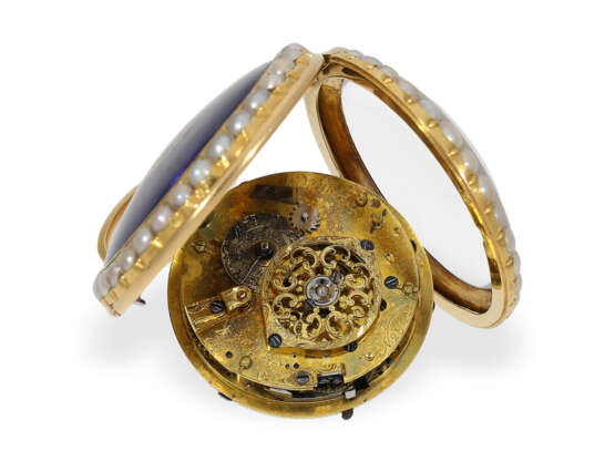 Taschenuhr: Gold/Emaille-Spindeluhr mit Perlen- und Diamantbesatz sowie Repetition, ca. 1770 - Foto 3