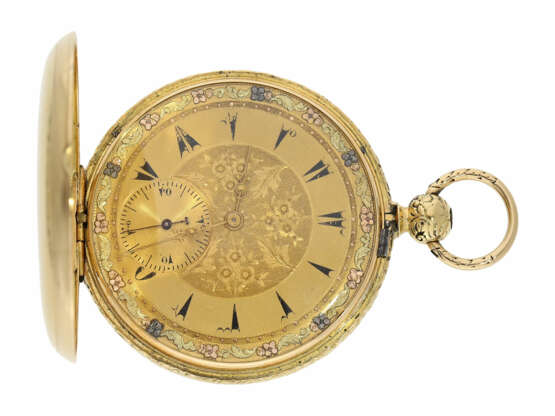 Taschenuhr: interessante, frühe Goldsavonnette für den osmanischen Markt, Wippen-Chronometer No.51056, Auguste Courvoisier La Chaux-De-Fonds, ca.1850 - фото 1