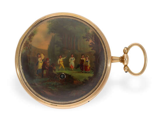 Taschenuhr: große, einzigartige Gold/Emaille-Taschenuhr mit Musikspielwerk, vermutlich Genf um 1800 - Foto 3