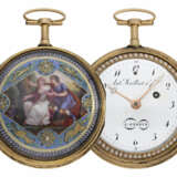 Taschenuhr: außergewöhnlich große Gold/Emaille-Spindeluhr mit Repetition auf Glocke und Perlenbesatz, Antoine Moilliet & Cie a Geneve, ca.1790 - Foto 1