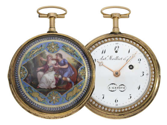 Taschenuhr: außergewöhnlich große Gold/Emaille-Spindeluhr mit Repetition auf Glocke und Perlenbesatz, Antoine Moilliet & Cie a Geneve, ca.1790 - фото 1